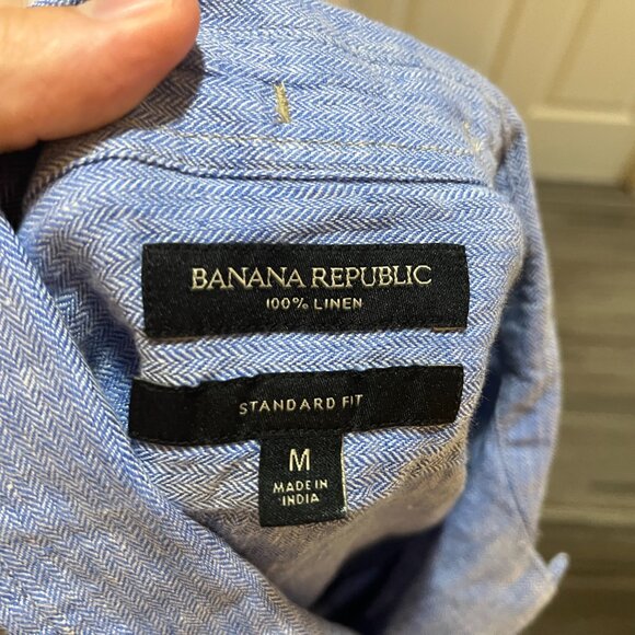 Banana Republic Men's blue 100% linen loop collar camp s/s shirt Medium M EUC - Picture 3 of 4